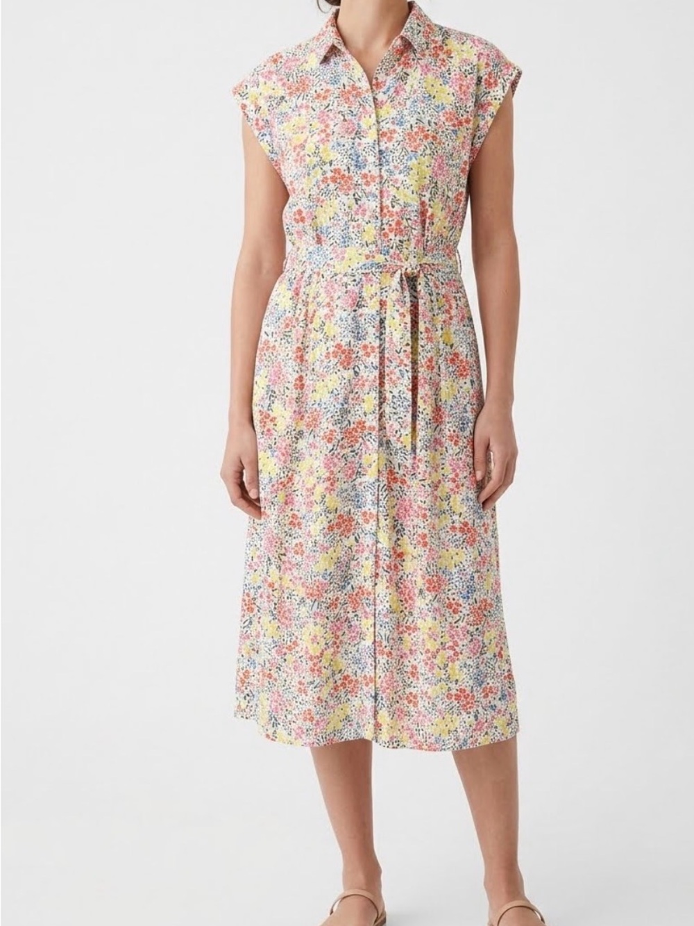 LOFT Floral Midi Pocket Shirtdress Size 2 Petite Boho Cottagecore Multi Color